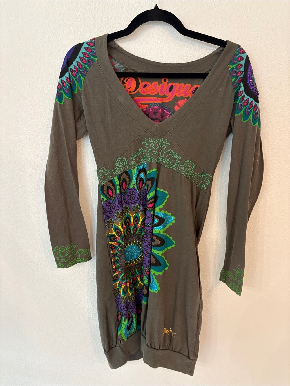 Desigual V-Neck Tunic Dress in Olive with Multicolor Mandala